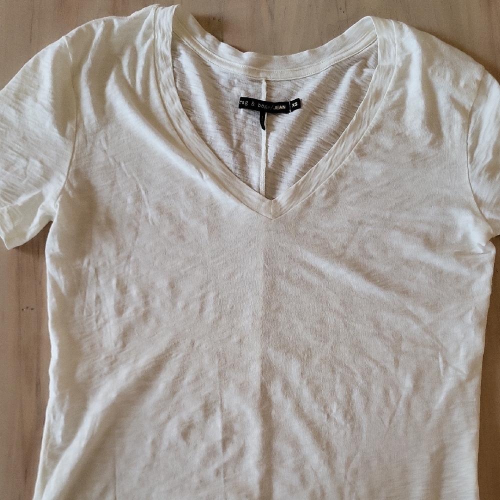 RAG AND BONE jeans Cream Cotton V-Neck Tee Size VS